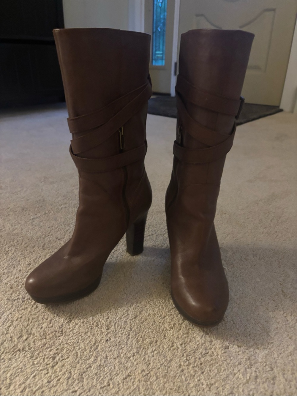 UGG Brown Leather Mid-Calf Heeled Boots with Wrap Strap